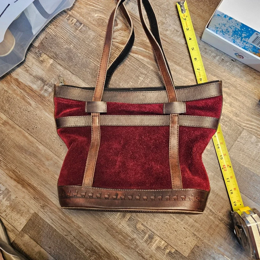 Handmade Andean Suede Leather Tote Bag Woven Textile Llama Stamp Burgundy Brown